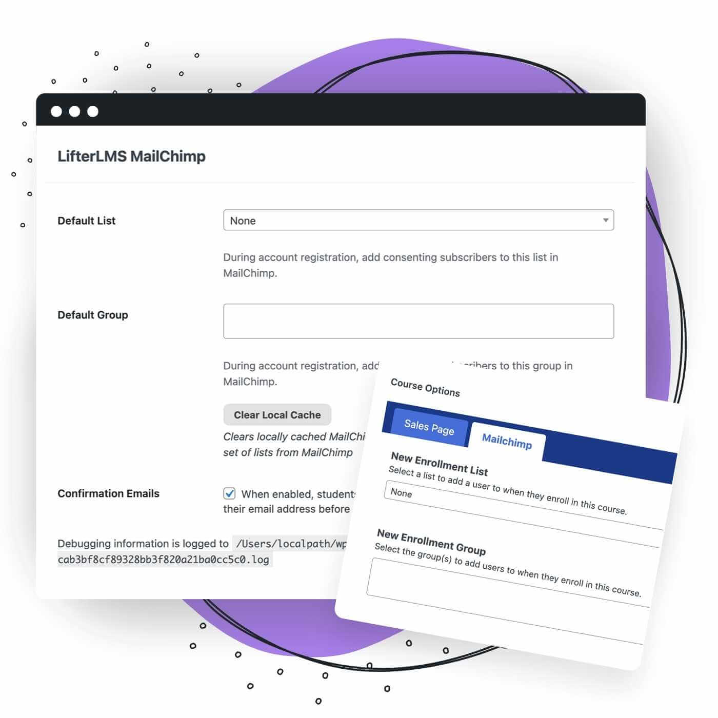 Screenshots of Mailchimp settings to assign default lists and groups for all or a single course or adjust double opt-in for the LifterLMS Integration