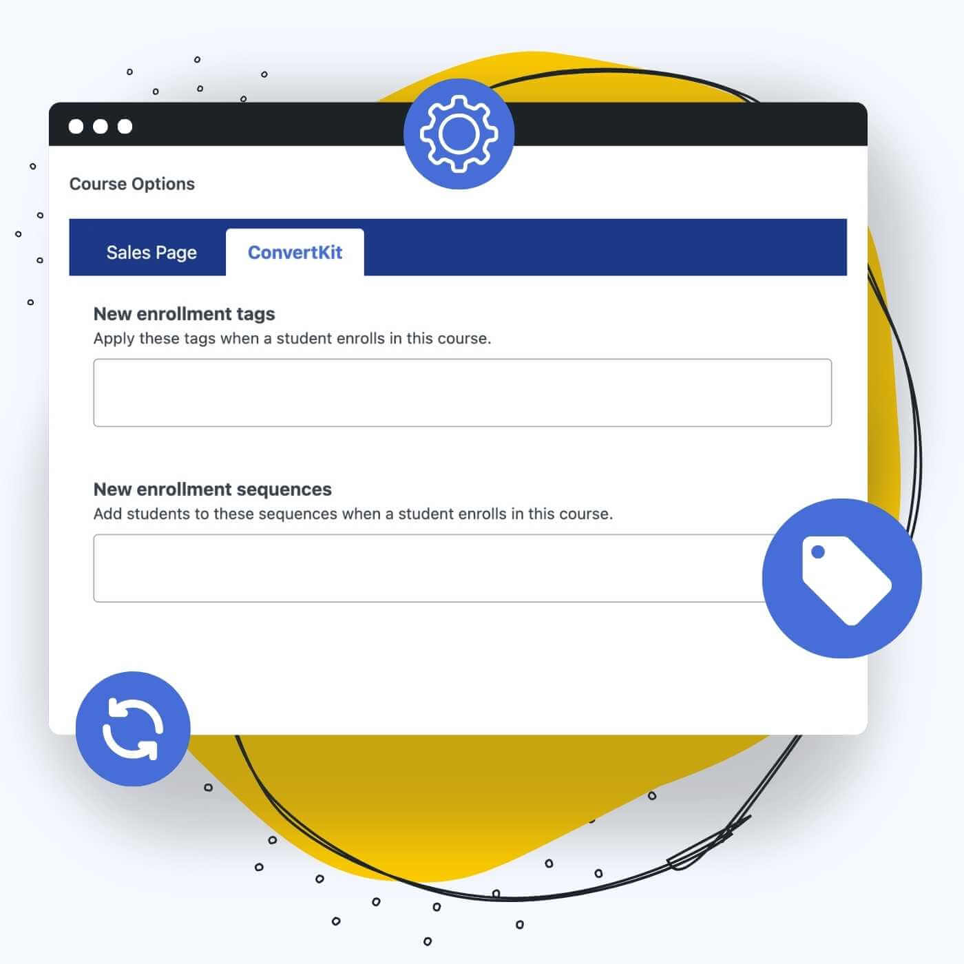 Screenshots of Individual LifterLMS Course settings for subscriber tagging and sequences with the LifterLMS Integration for ConvertKit