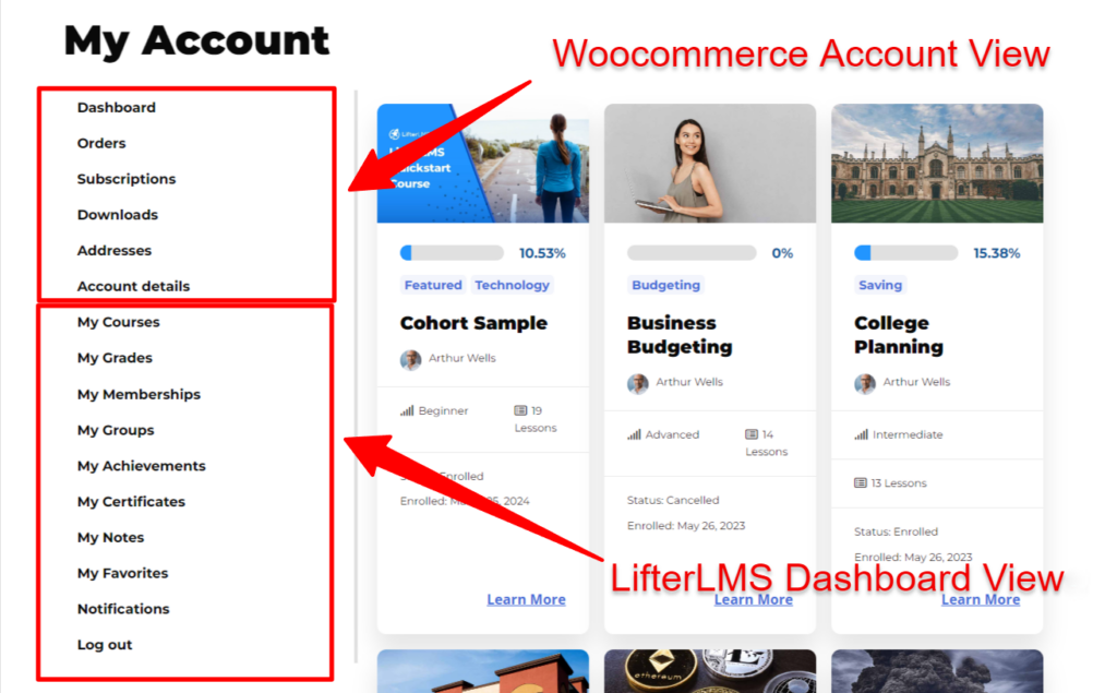 LifterLMS and WooCommerce Dashboard