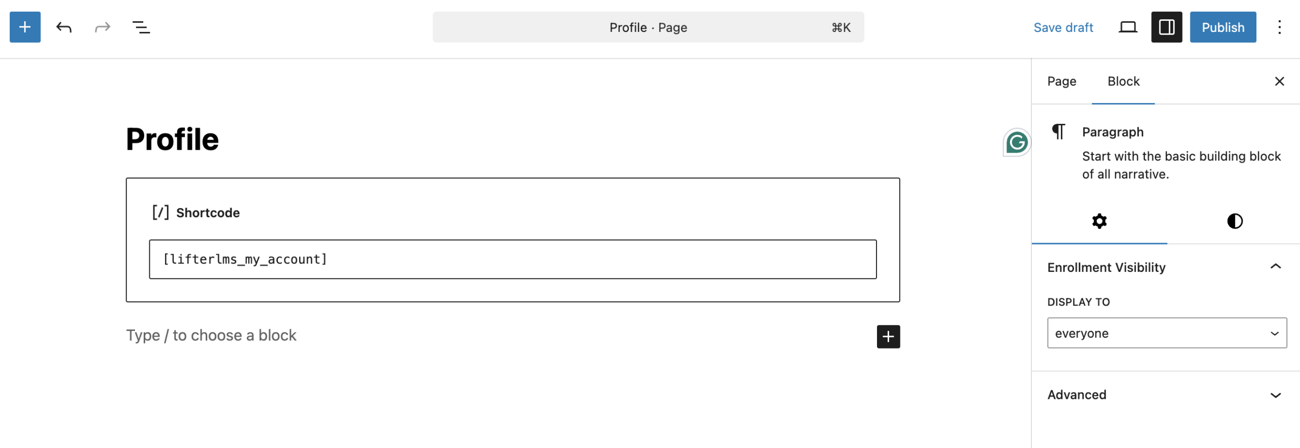 Screenshot of the LifterLMS settings page in WordPress showing the “Security” tab, with the Akismet spam protection option enabled and the “Save Changes” button visible.