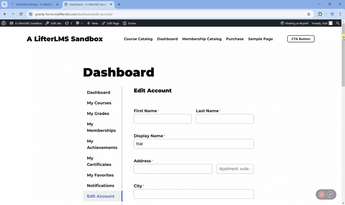 Custom update account form