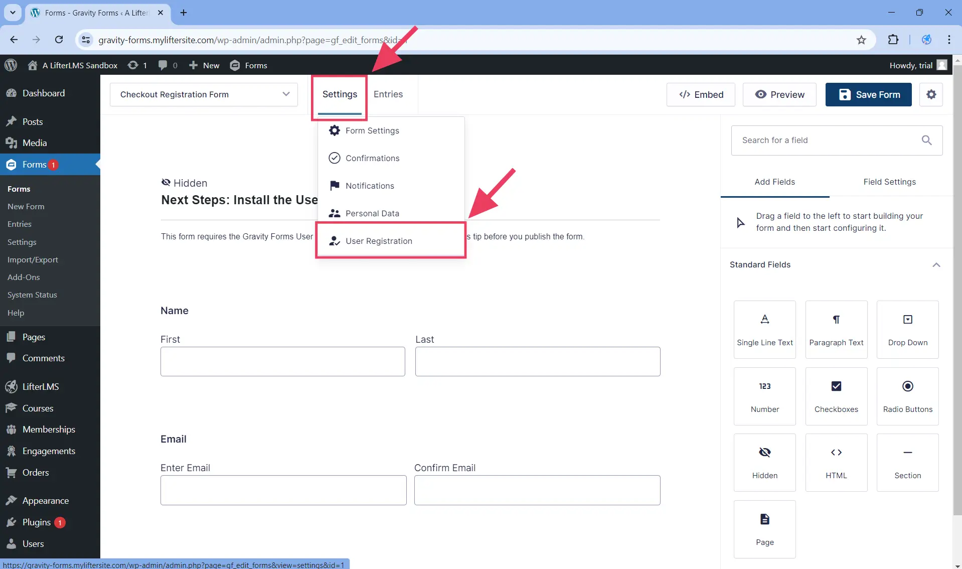 In the form you are working on, navigate to Settings User Registration
