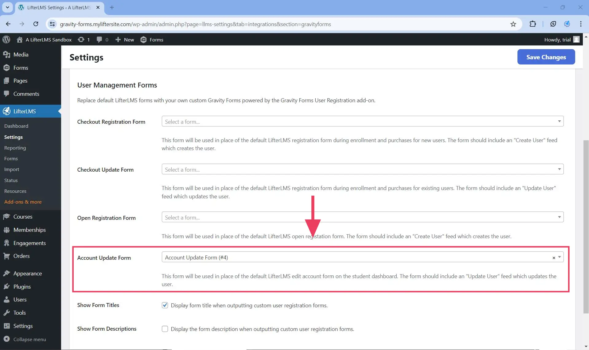 Select from the Account Update Form dropdown the custom form you created