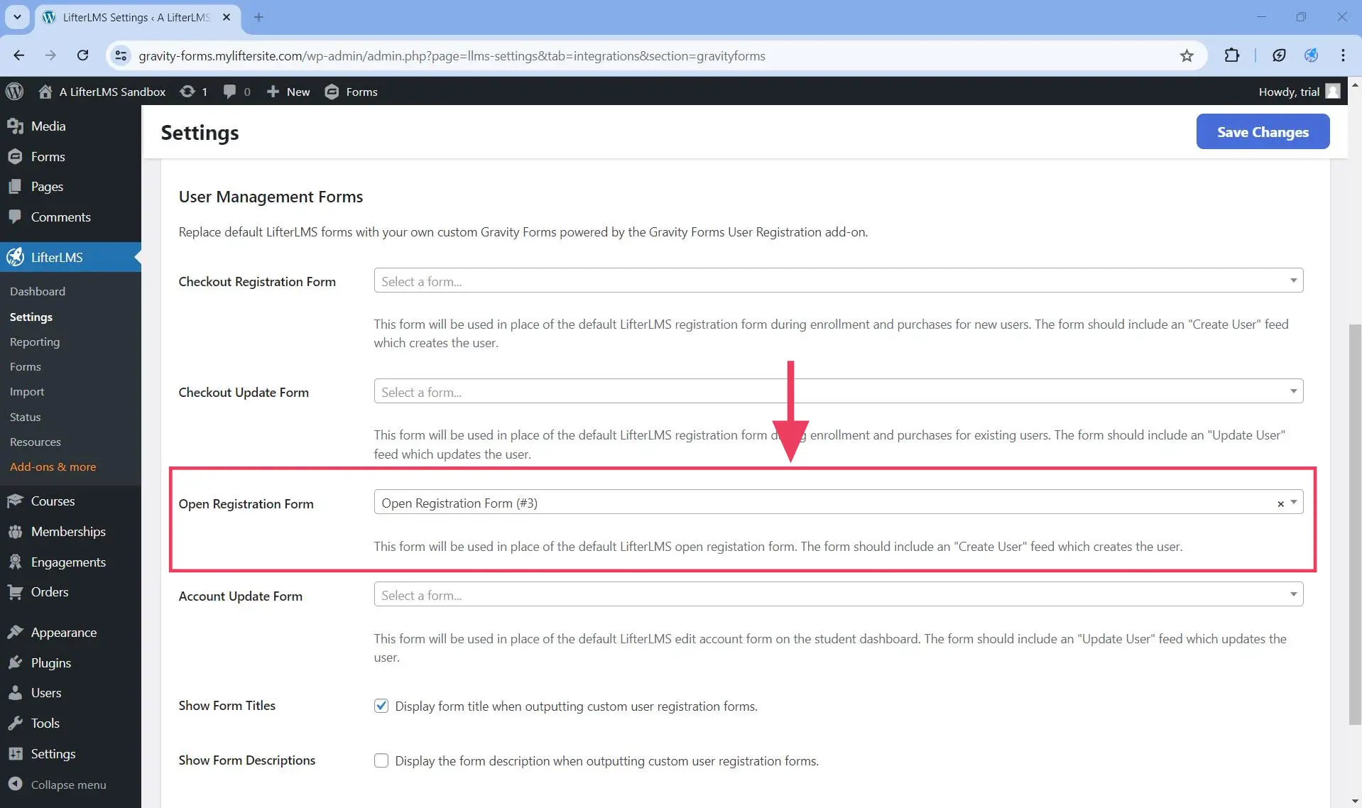 Select from the Open Registration Form dropdown the custom form you created