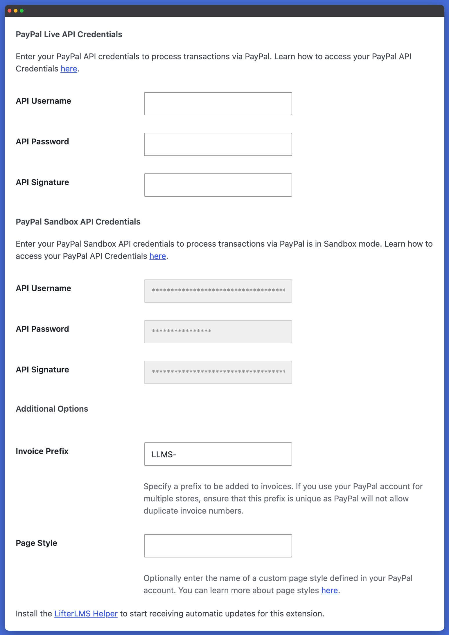 LifterLMS PayPal API Credentials