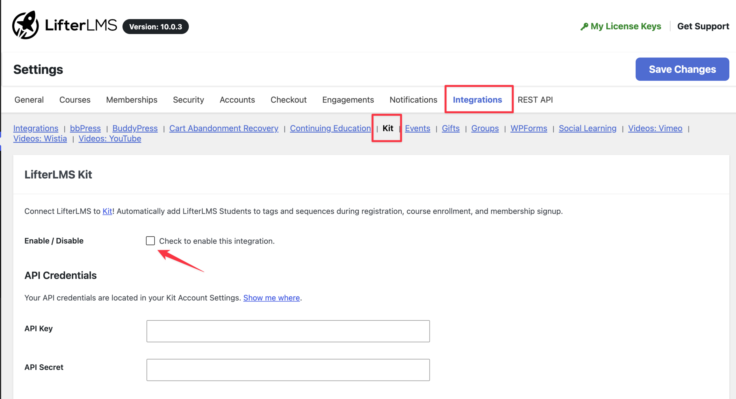 Screenshot of the LifterLMS Kit integration settings screen with the Enable this Integration checkbox and API credential fields.
