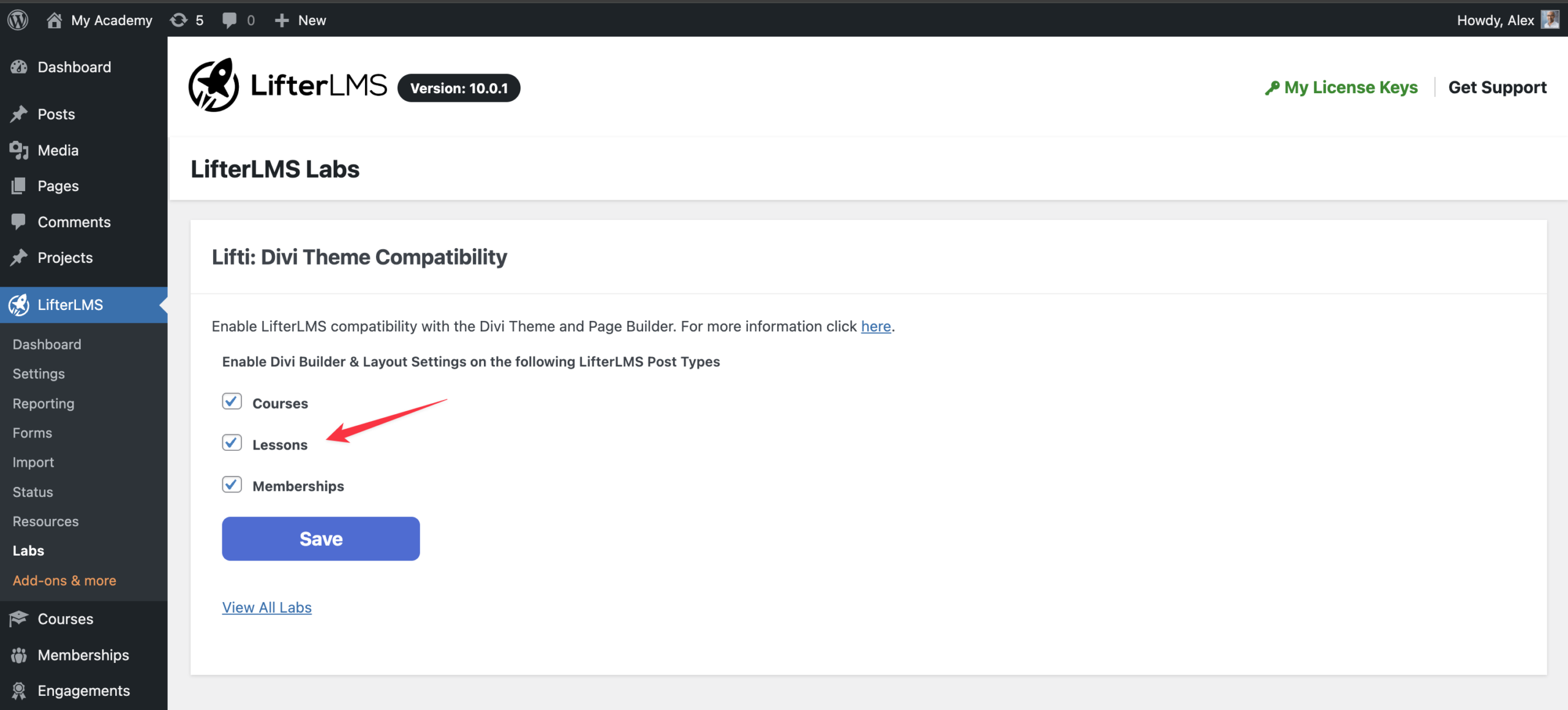 enable LifterLMS divi settings