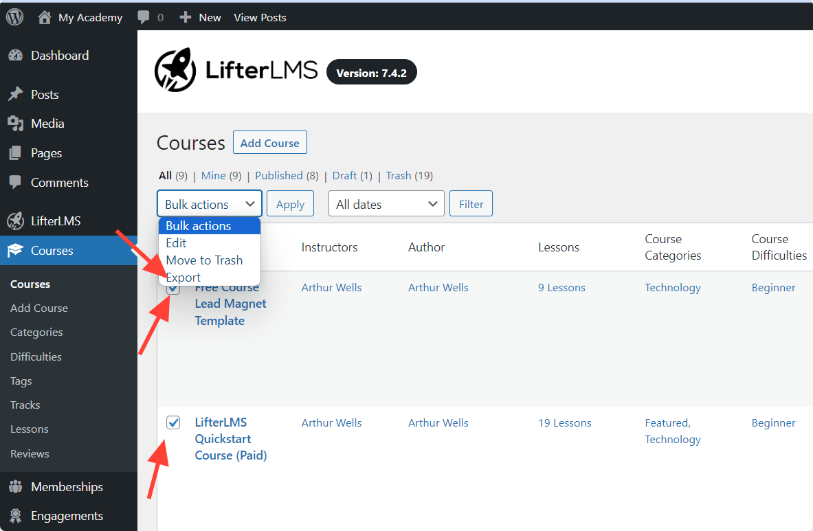 LifterLMS Bulk Export Courses