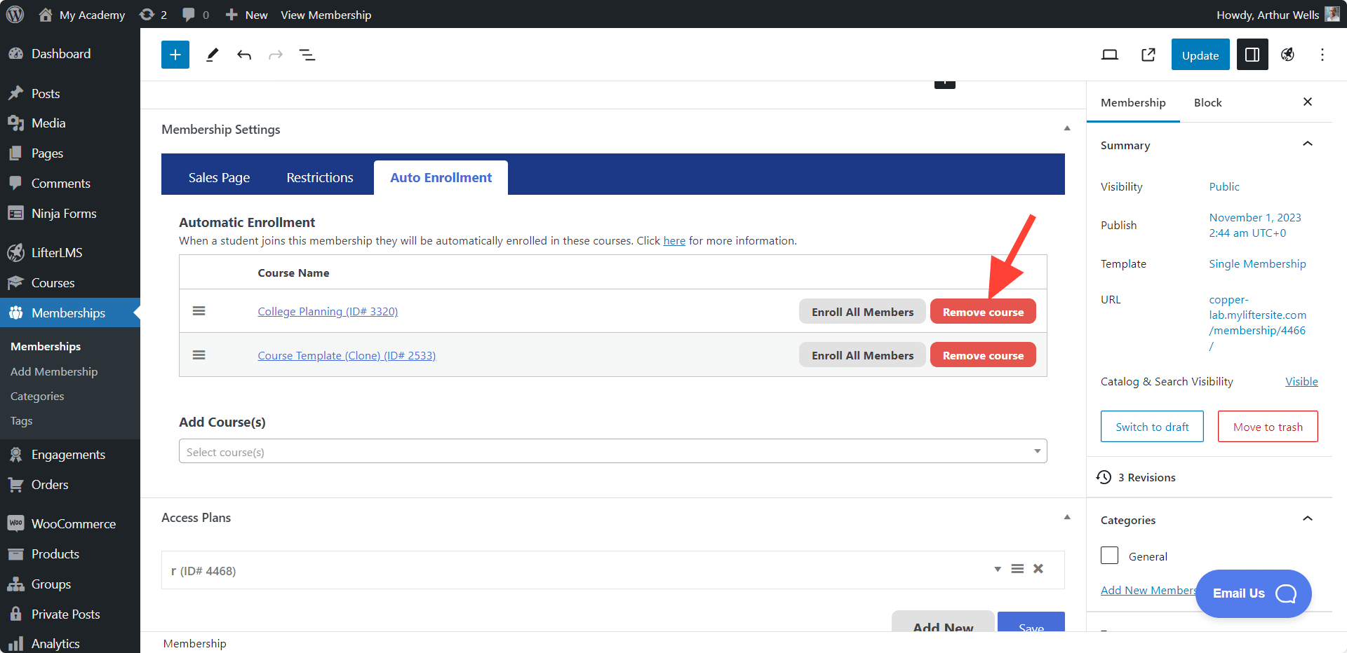 LifterLMS Remove Auto Enroll Courses