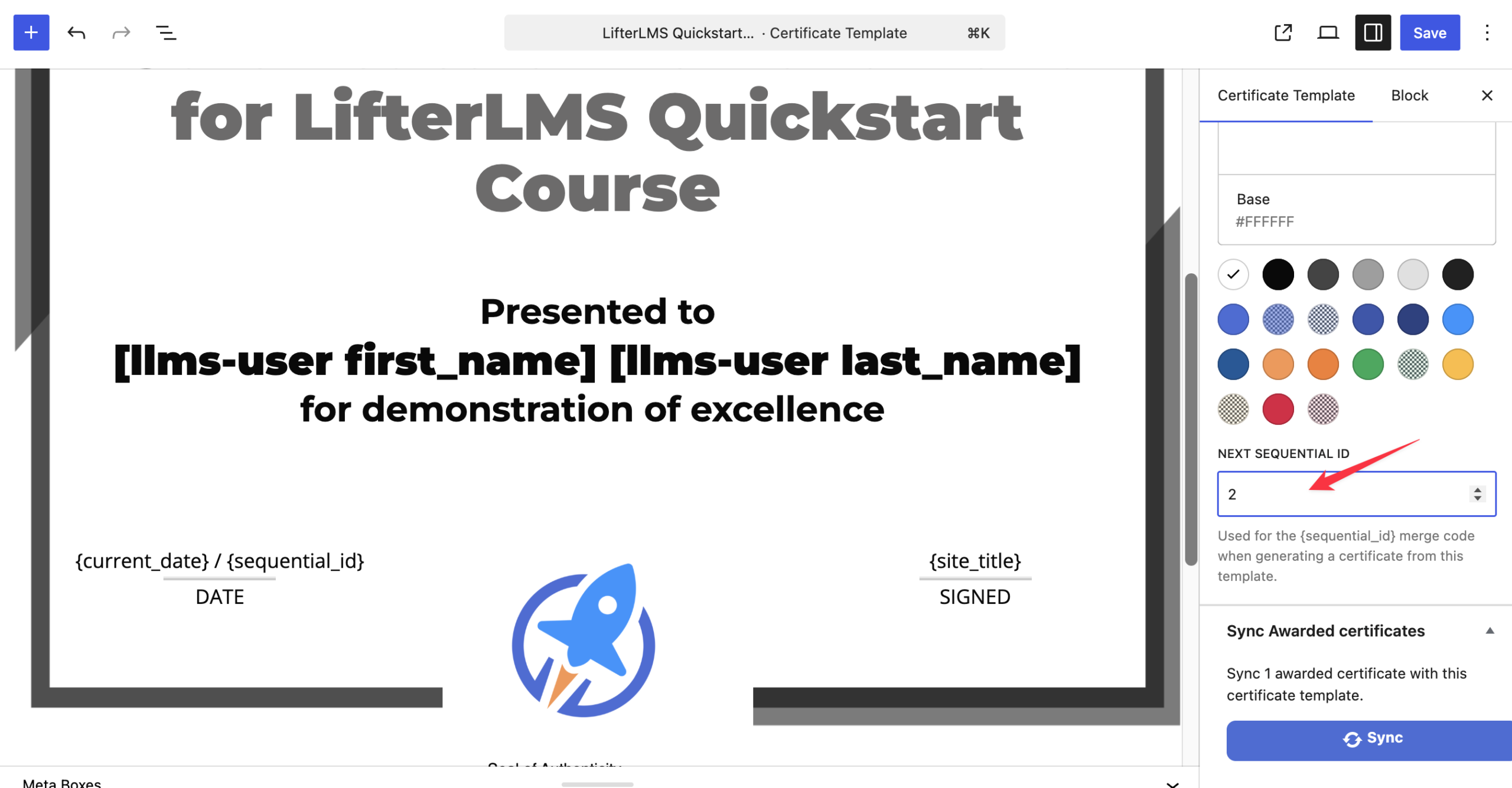 Certificate start number for LifterLMS