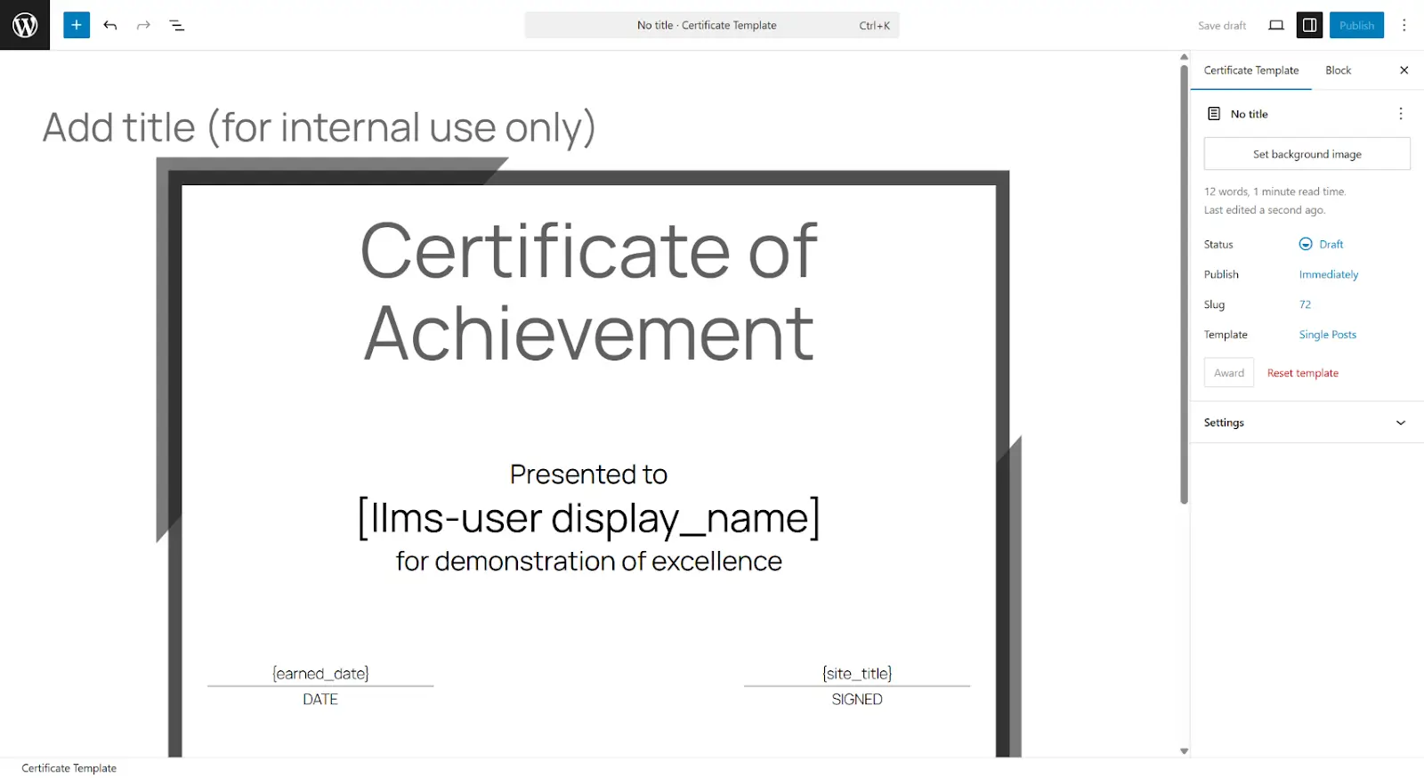 Publish a brand new certificate template using the block editor