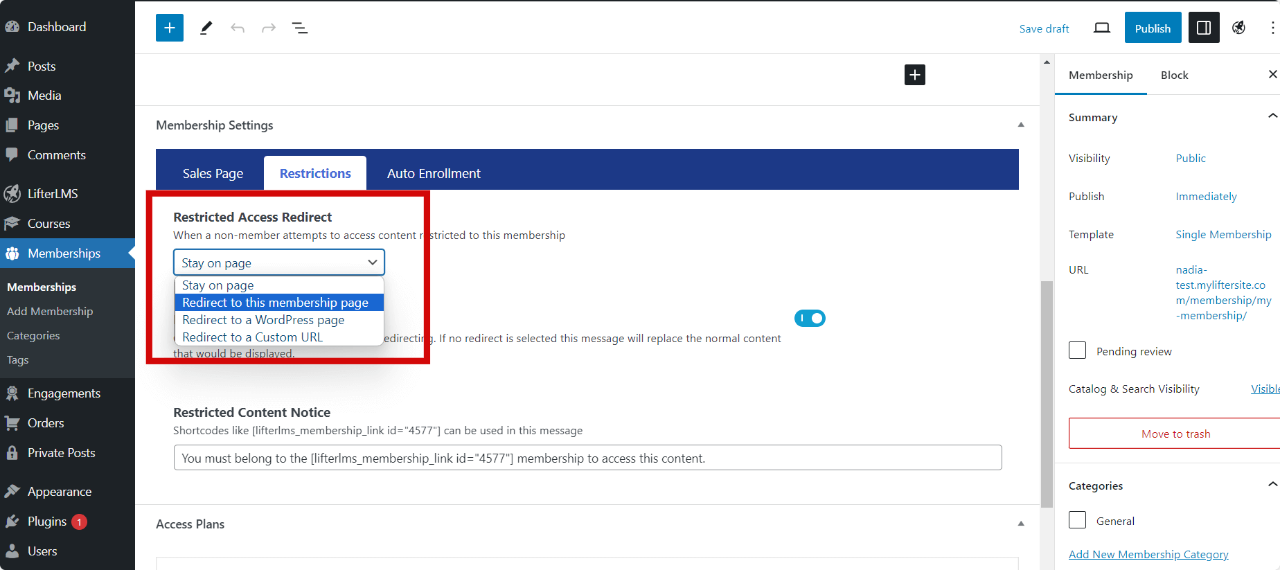 LifterLMS Membership Redirection