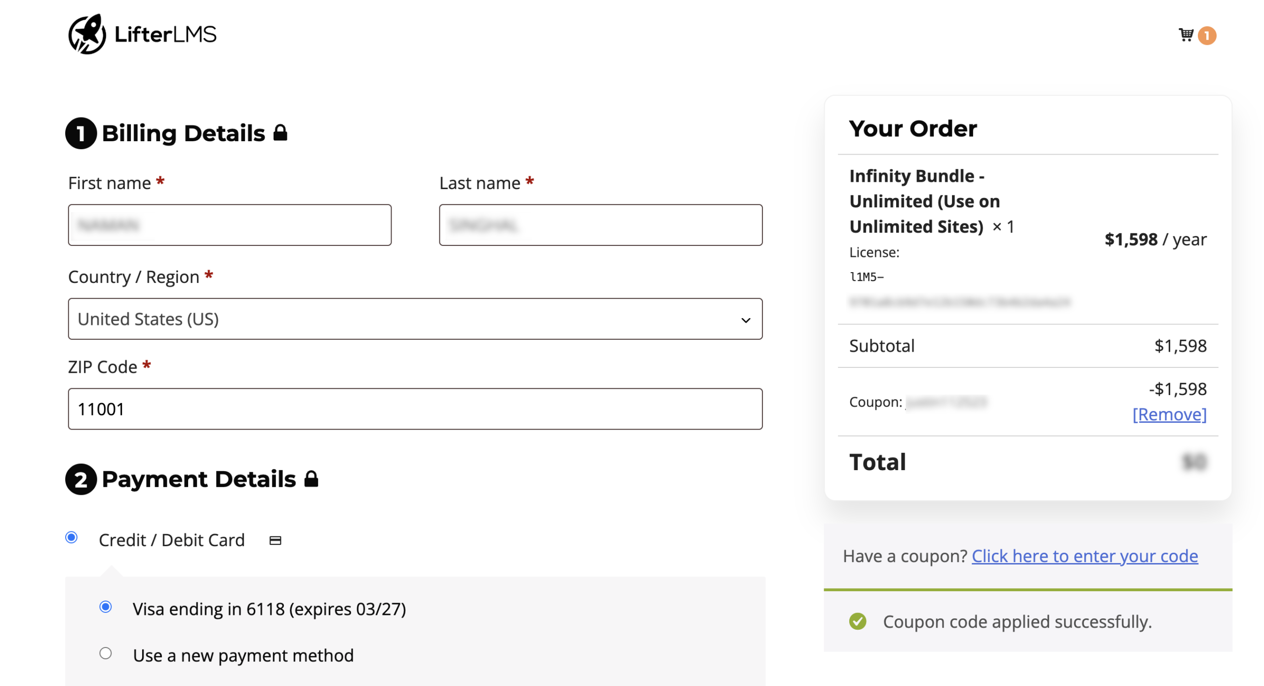 LifterLMS checkout page showing billing and payment fields alongside the prorated upgrade total.