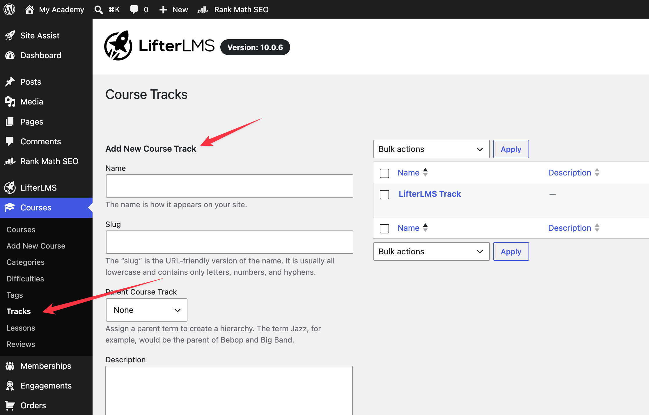 LifterLMS Course Tracks screen in WordPress, showing the Add New Course Track form and the Tracks dashboard menu option.