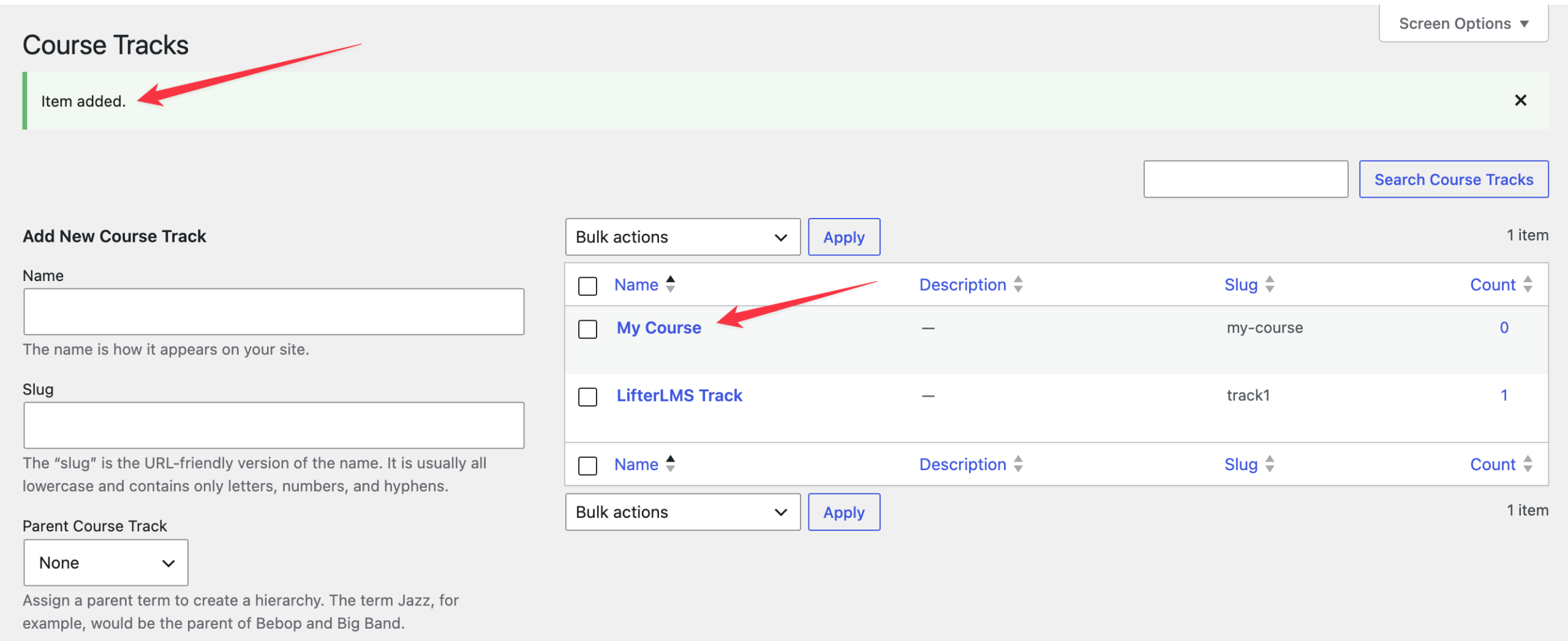 WordPress Course Tracks screen showing a newly created track listed alongside its slug, description, and course count.