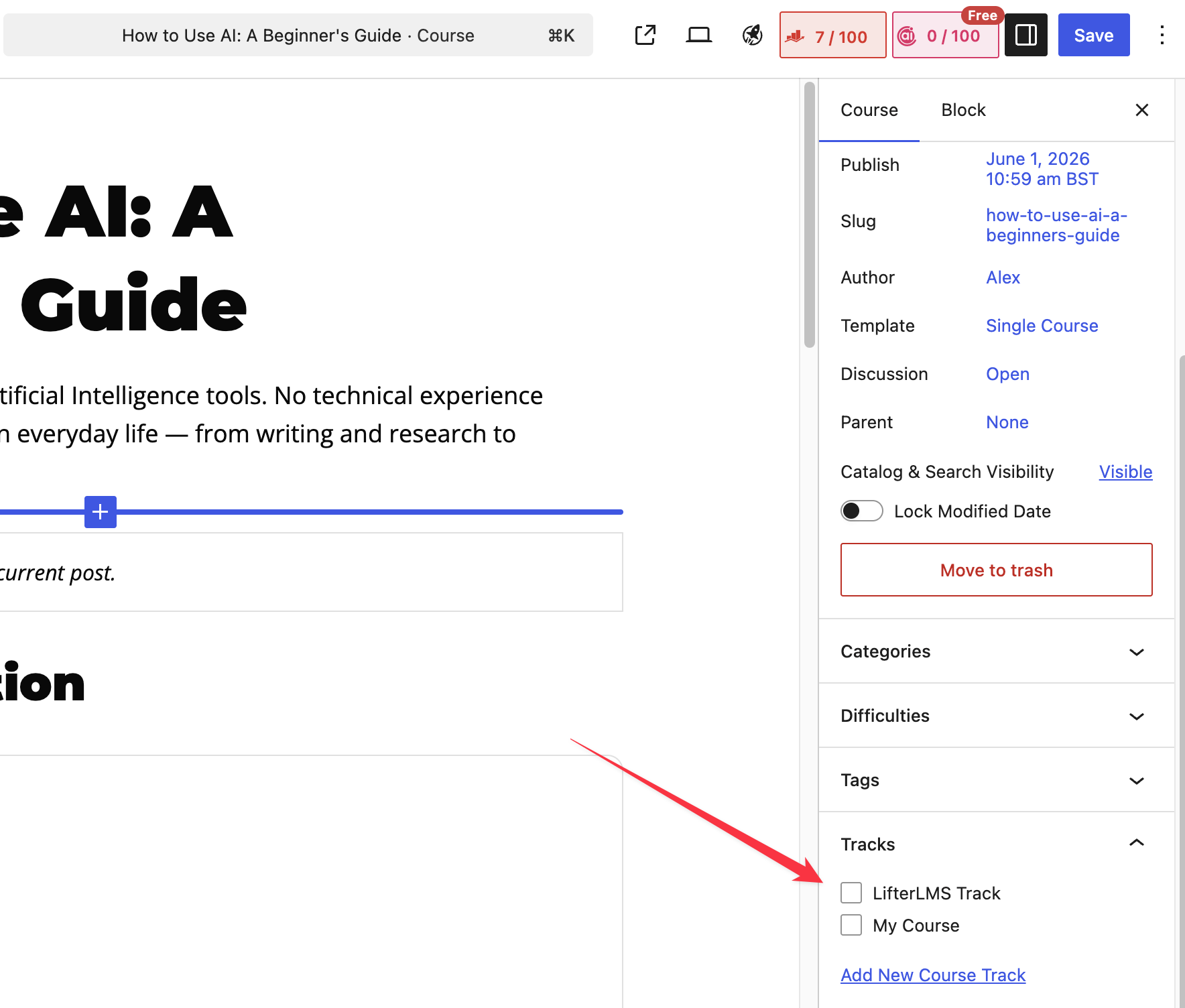 WordPress course editor with the Tracks panel open in the settings sidebar and checkboxes for assigning the course to a Course Track.