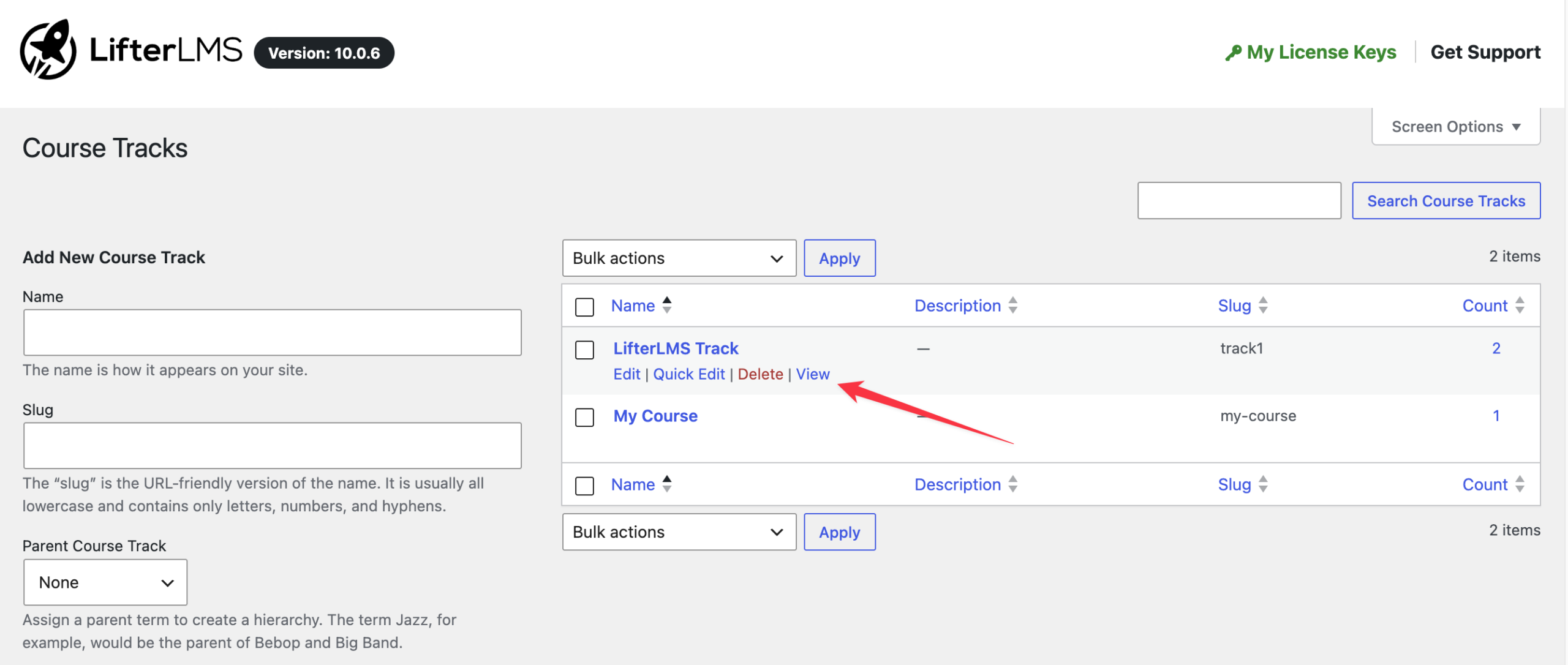 LifterLMS Course Tracks screen showing the View link beneath a track name, which opens the track’s public course listing page.