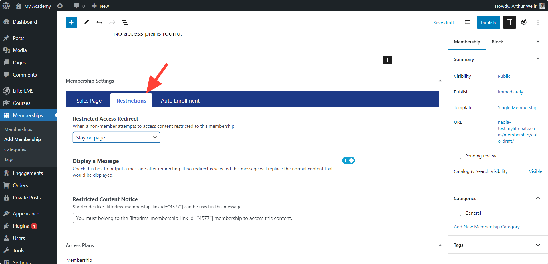 LifterLMS Membership Restrictions Settings