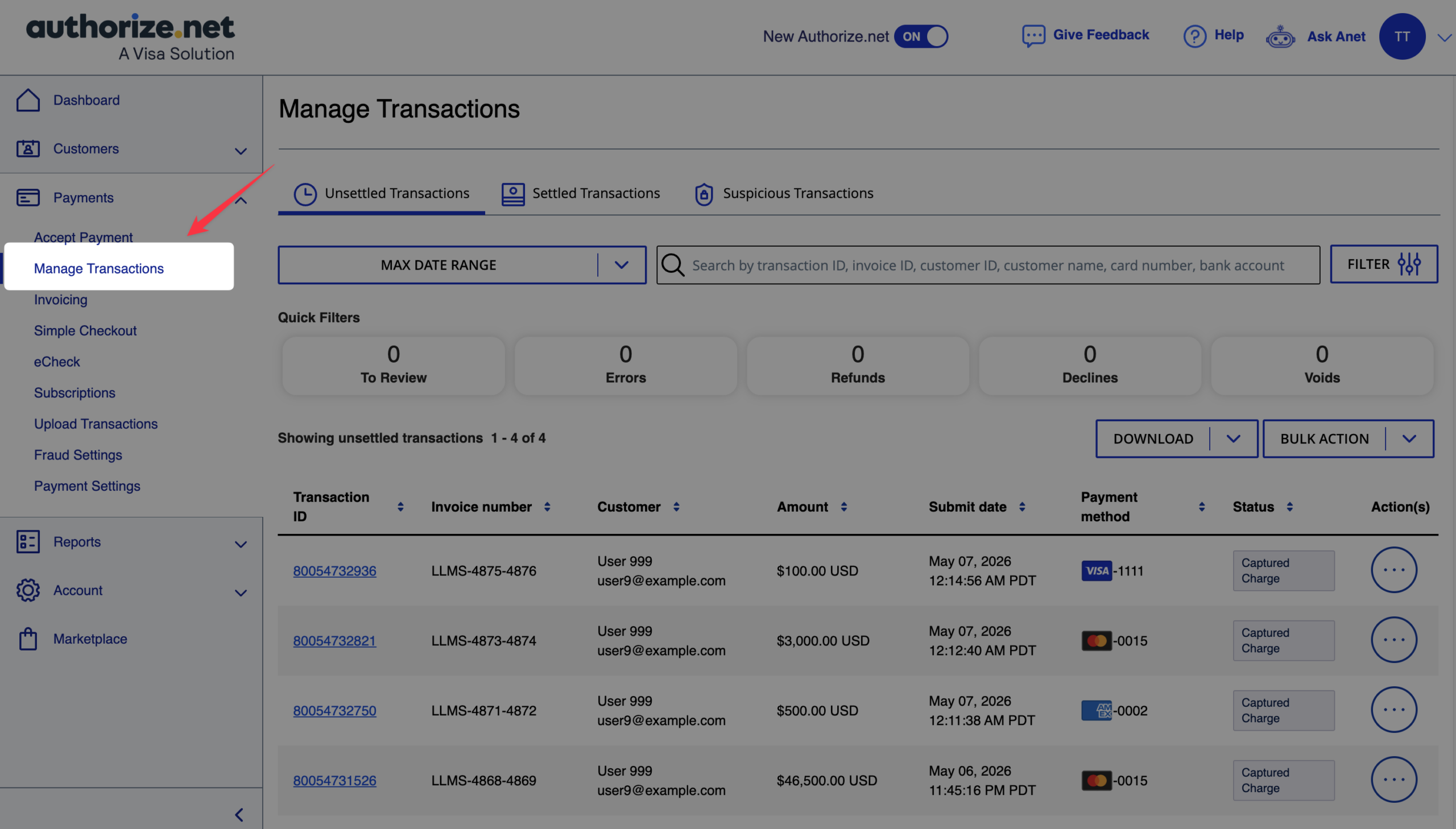 Screenshot of the Authorize.Net Manage Transactions page showing a list of incoming transaction records and payment history.