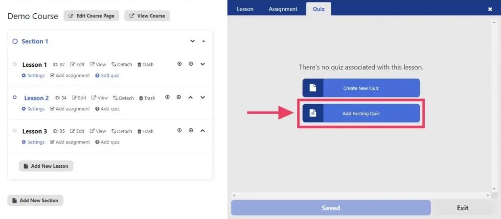 Add Existing Quiz button