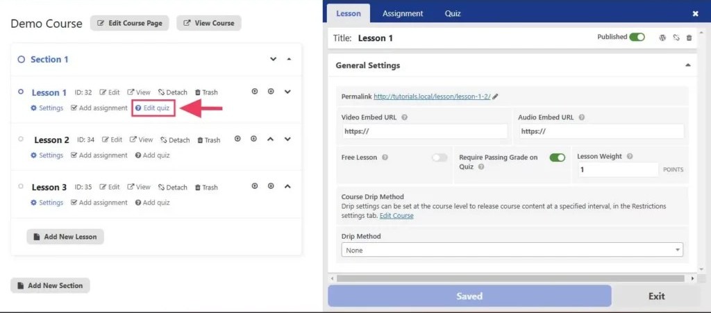 Edit quiz link