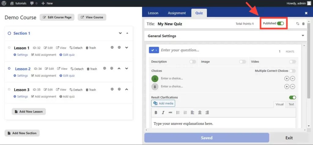 Published toggle enabled