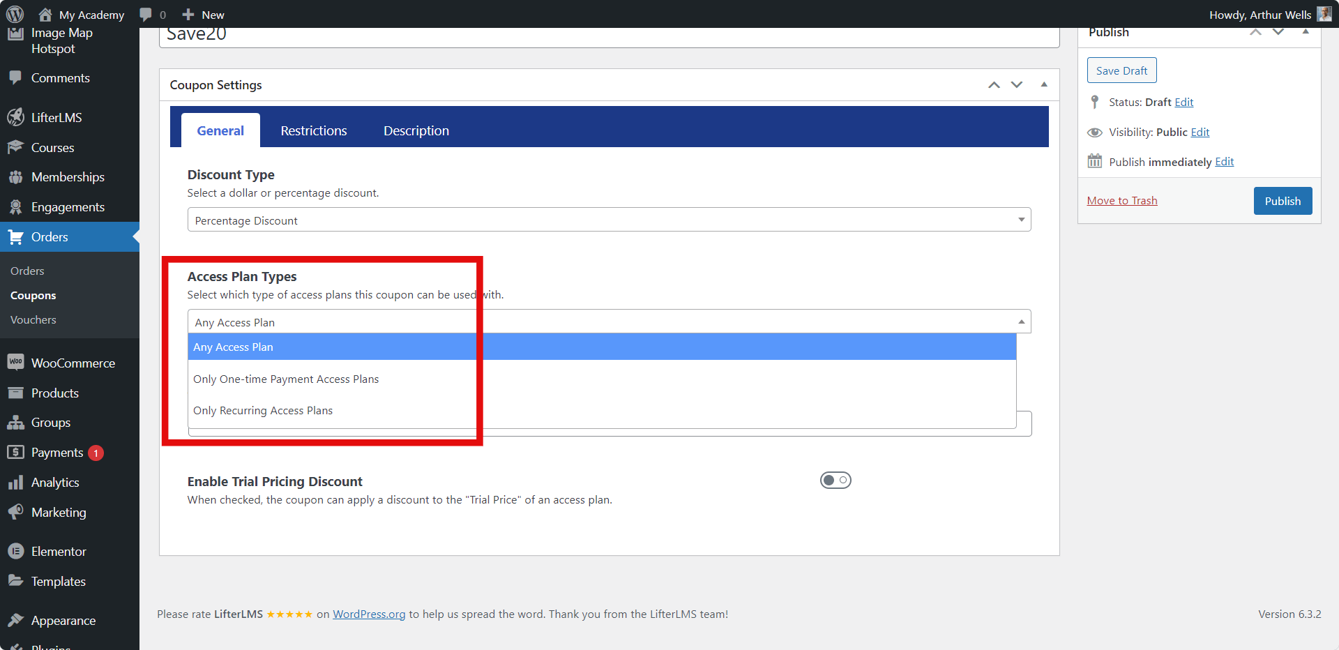 LifterLMS Coupon Access Plan Type
