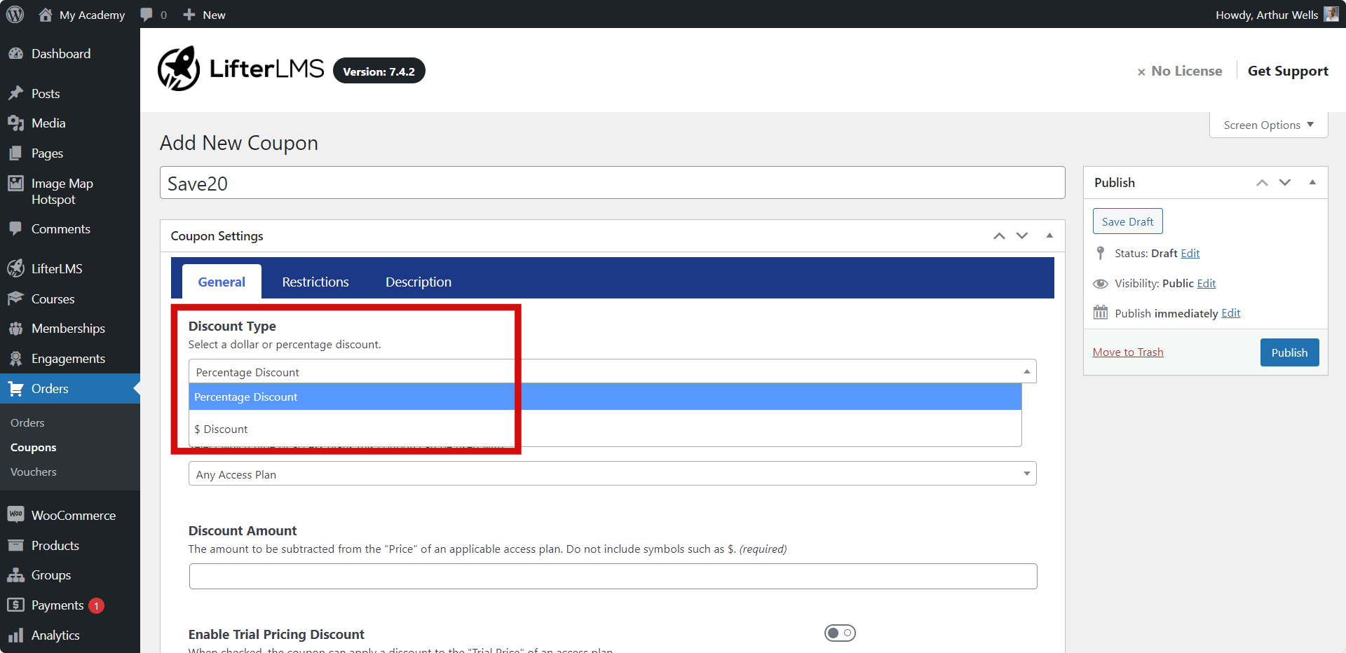 LifterLMS Coupon Discount Type