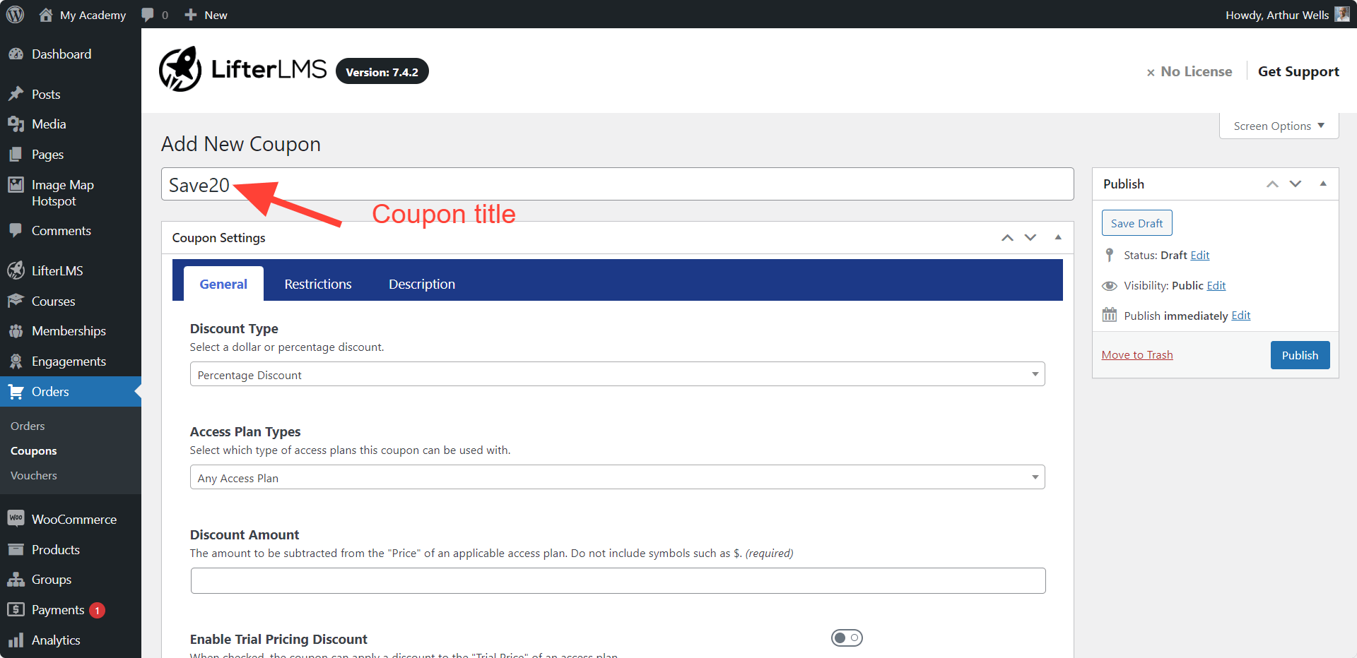 LifterLMS Name Your Coupon