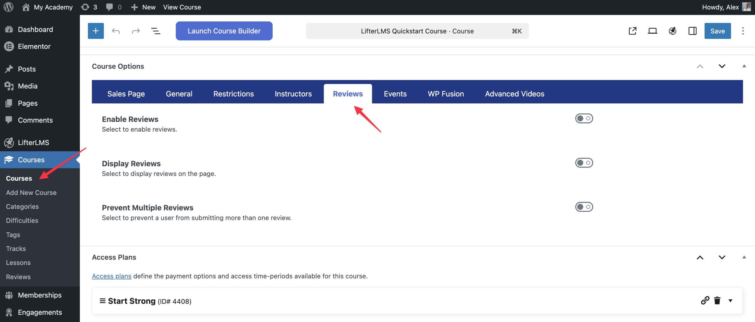 Screenshot of the LifterLMS course editor Reviews tab showing review settings, including options to enable and display course reviews.