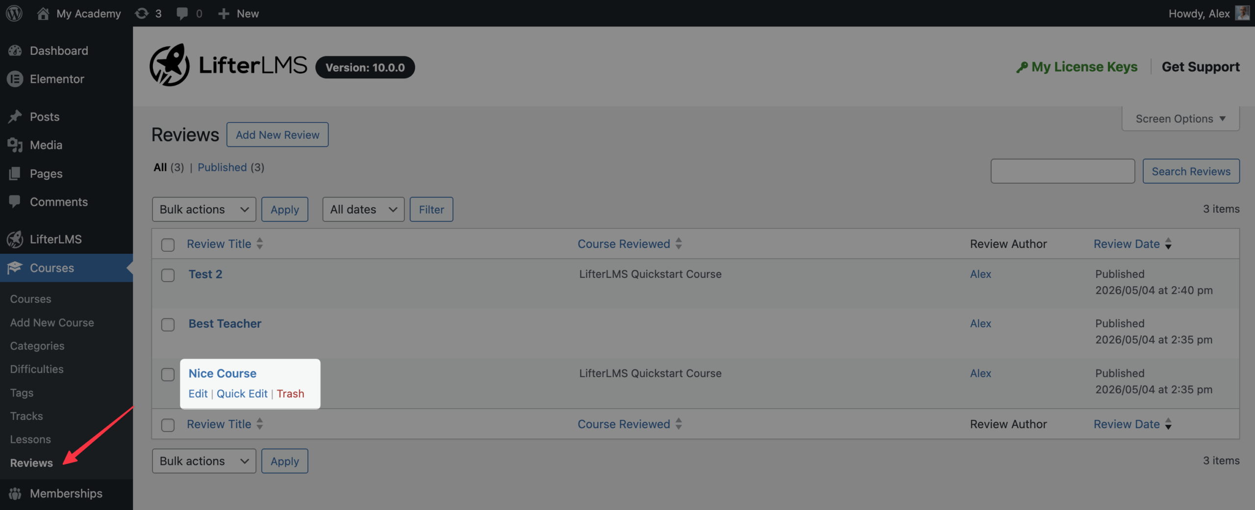 Screenshot of the LifterLMS Reviews management screen in the WordPress dashboard showing submitted course reviews and moderation options.