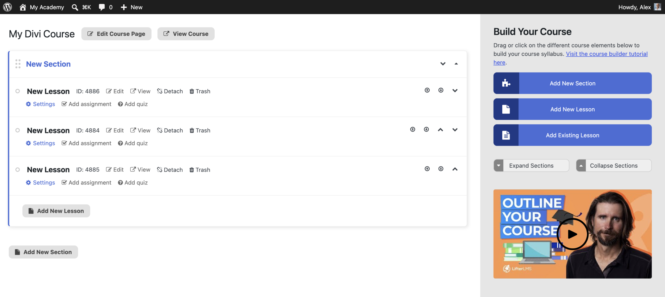 User interface of the course builder