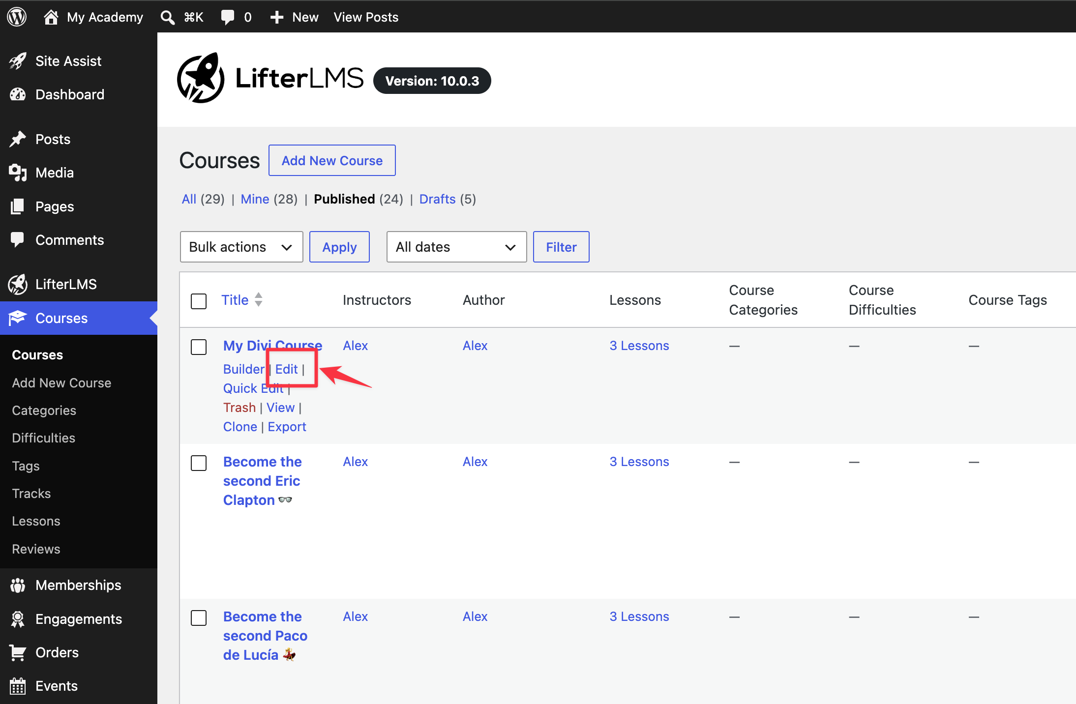 Hover under the course name of the course you want to edit, and click on the Edit link