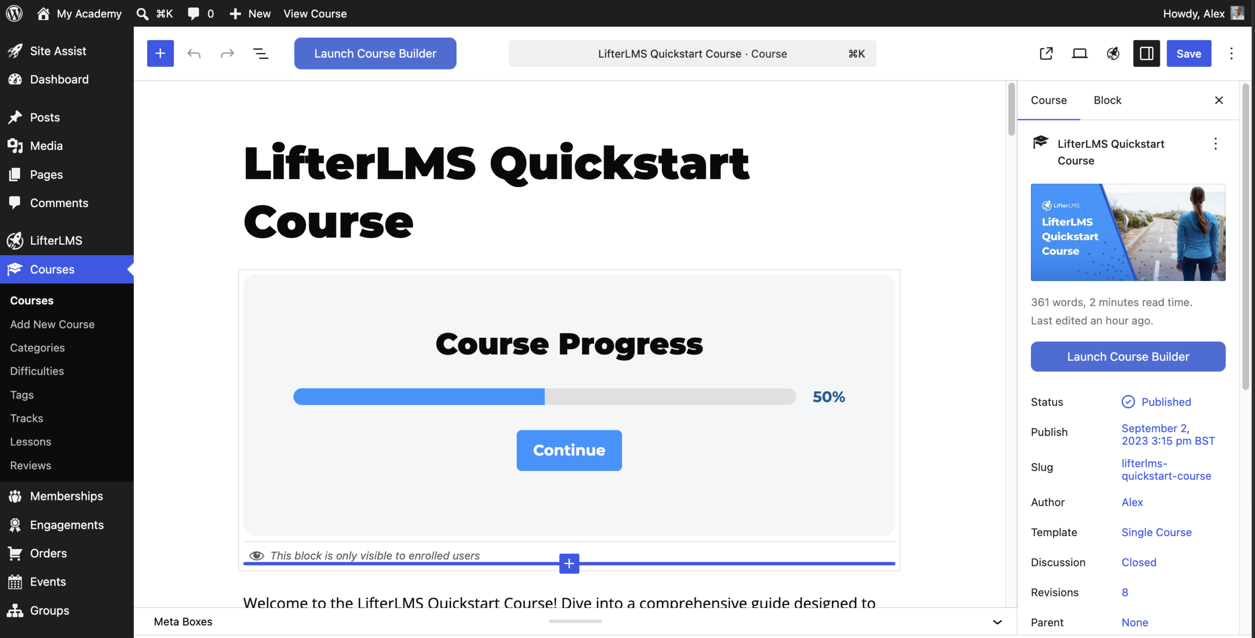 Course opened in the block editor or in Gutenberg