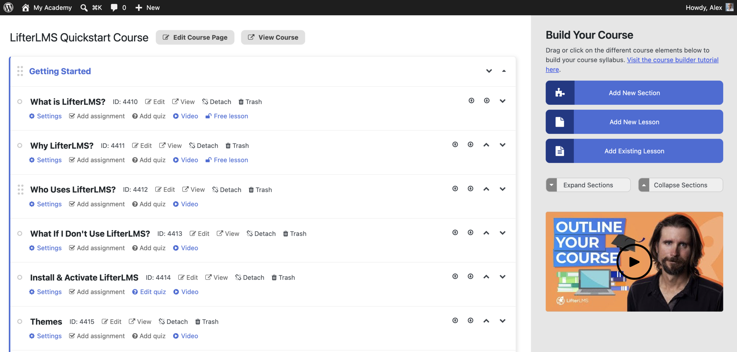 User interface of the course builder