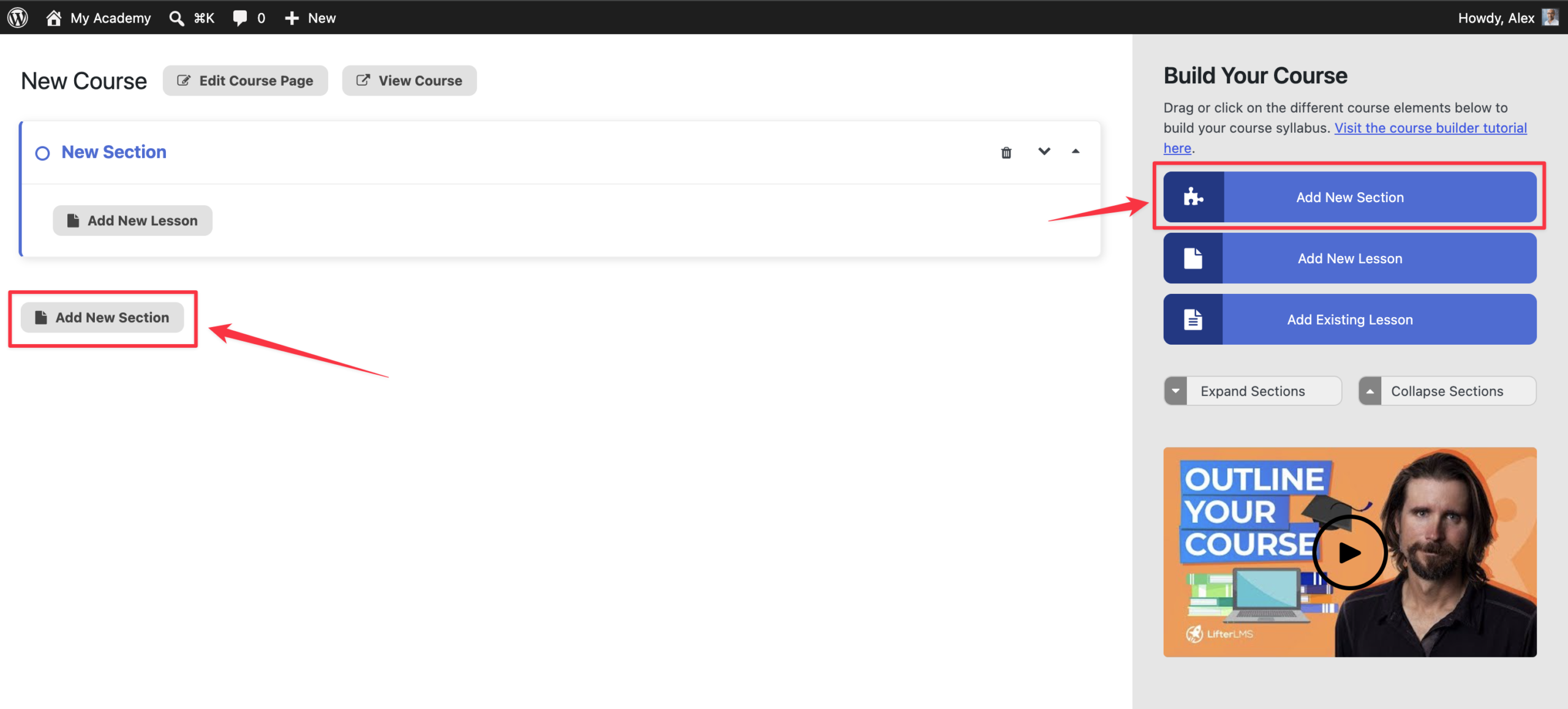 Buttons for creating sections
