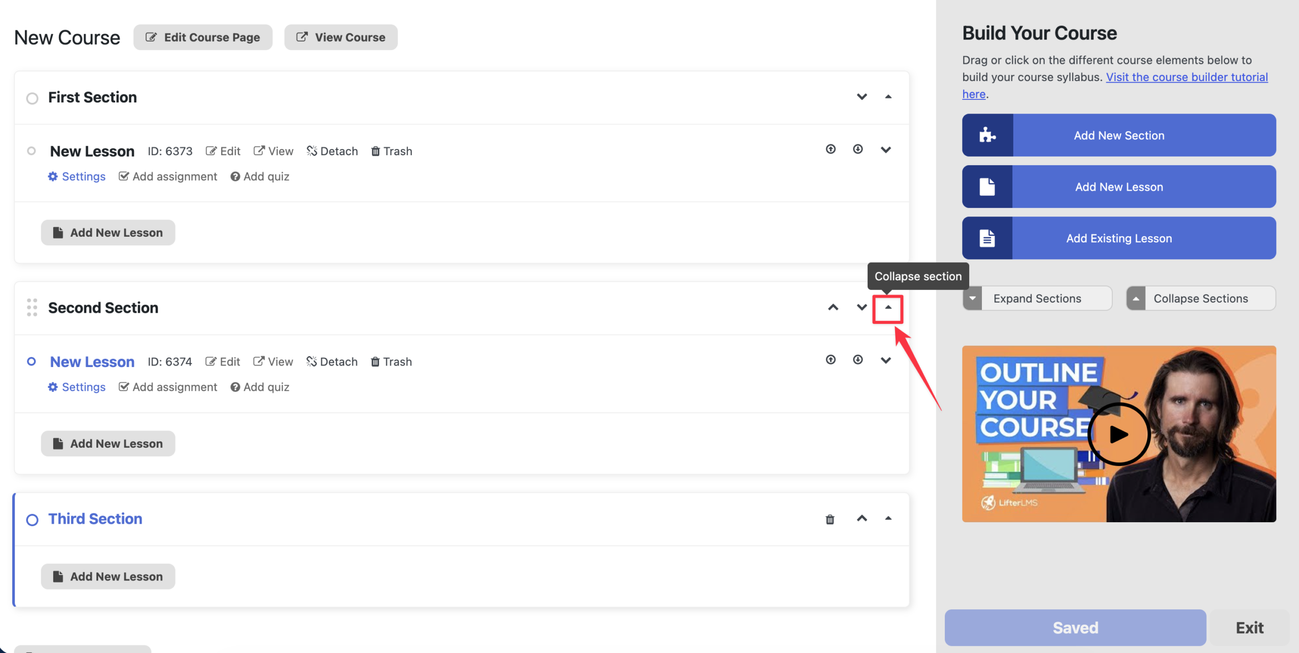 Click on the Collapse Section button to collapse an individual section
