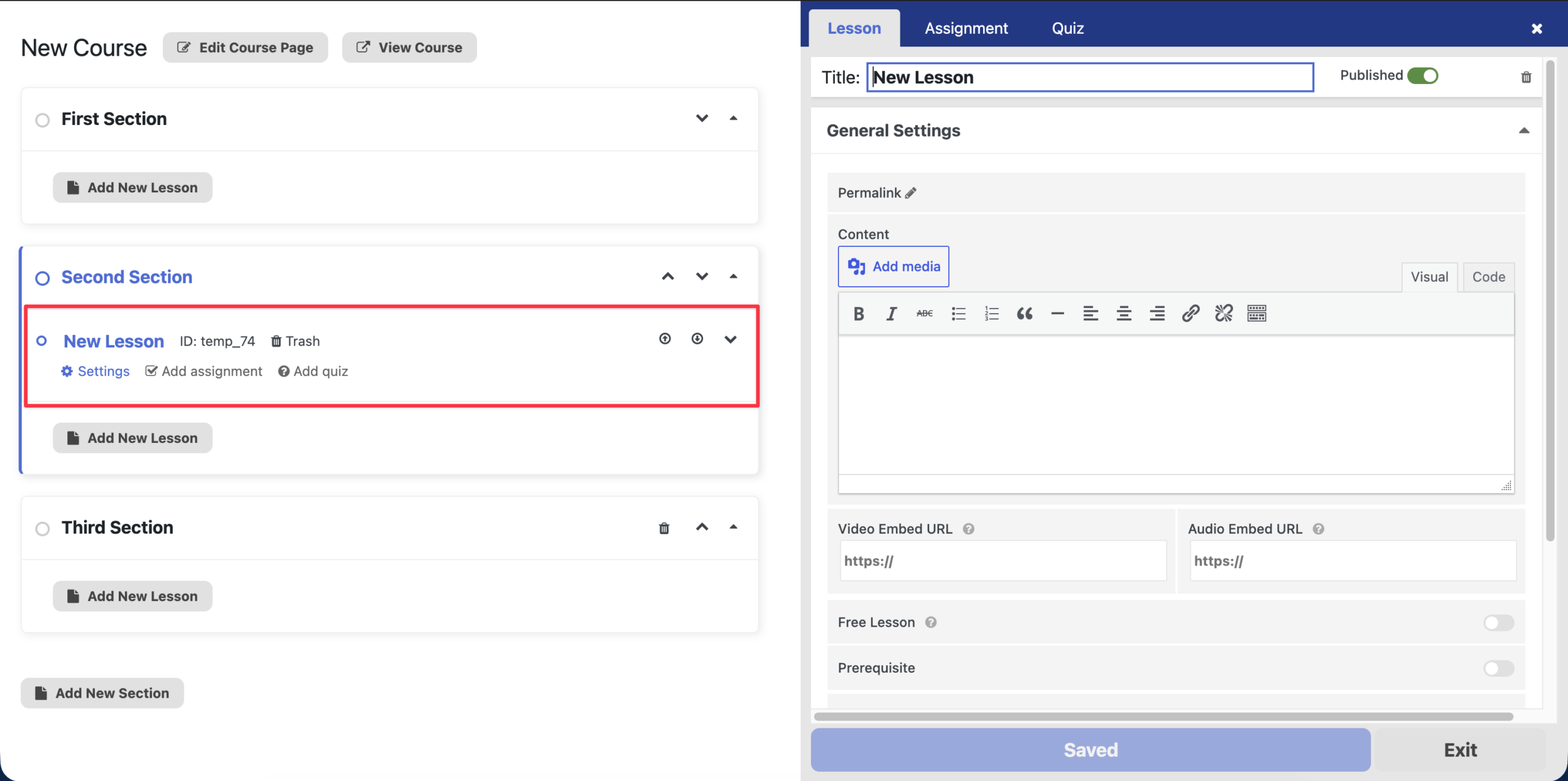 A new lesson will be added on the currently selected section