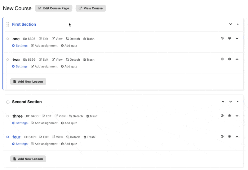 The order in which these lessons appear within the same section can be changed