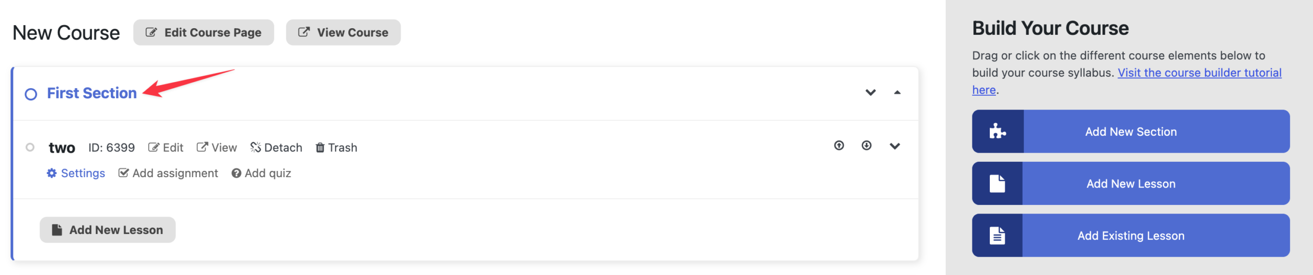 Select a section to add the existing lesson to by clicking on that section until it is expanded