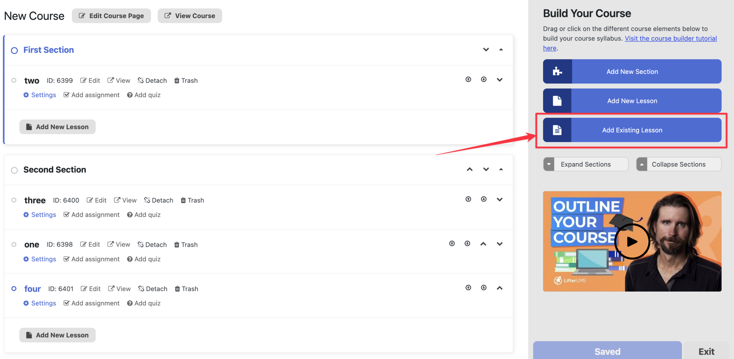 Click on the Add Existing Lesson button on the side