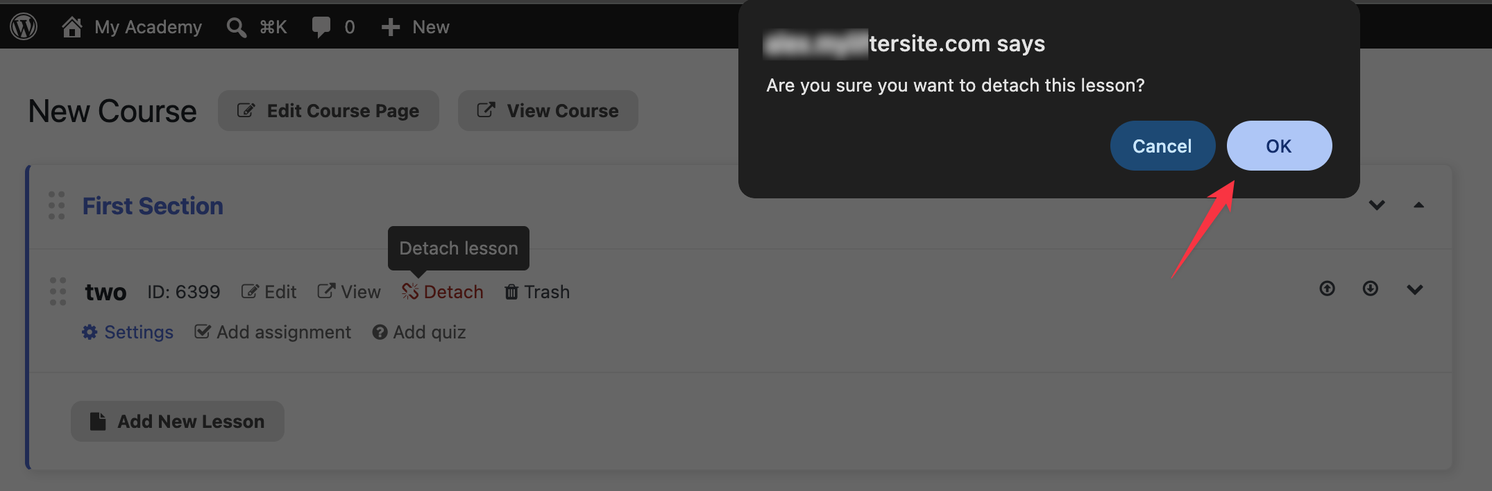 A dialog box asking you to confirm if you really want to detach the lesson or not