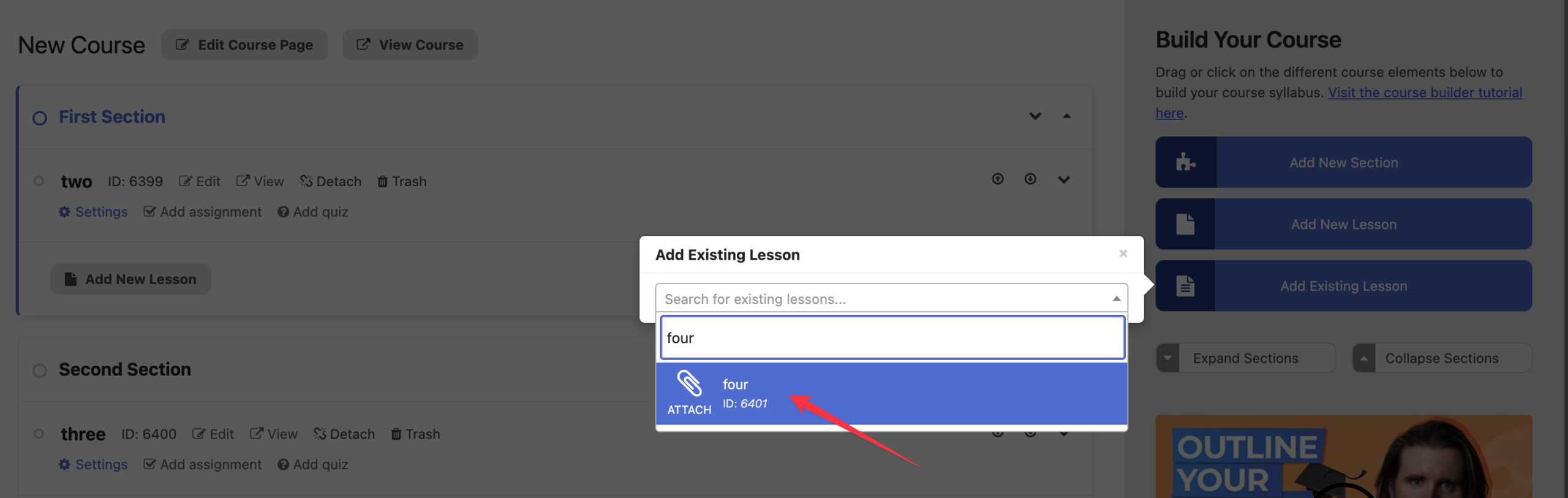 Attach a Lesson in LifterLMS