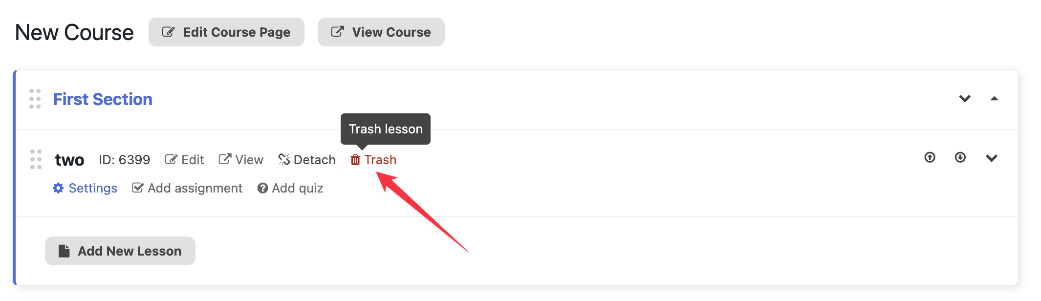 One way to delete a lesson is by clicking on the Trash icon for that lesson