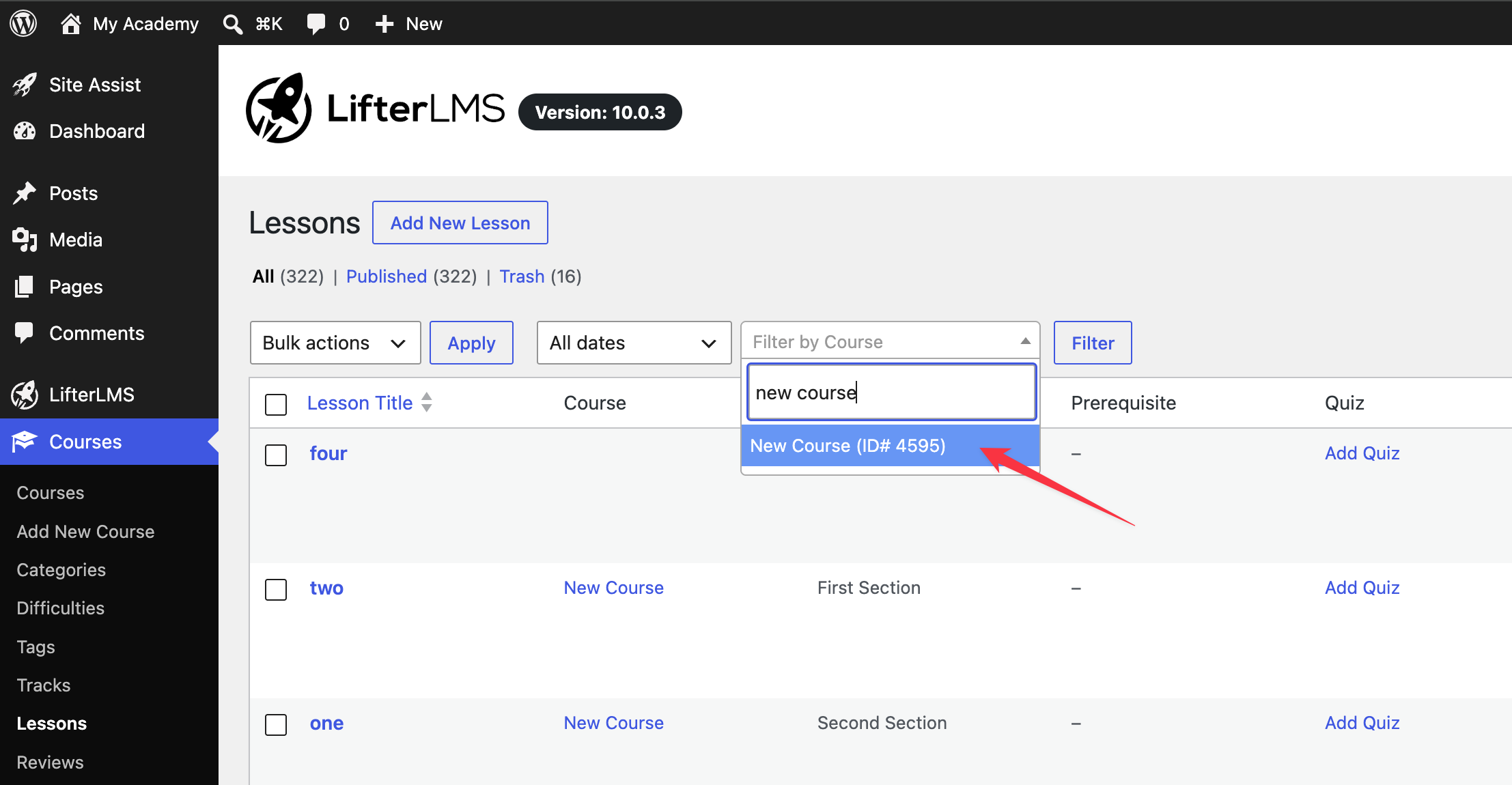Filtering course in LifterLMS WordPress dashboard