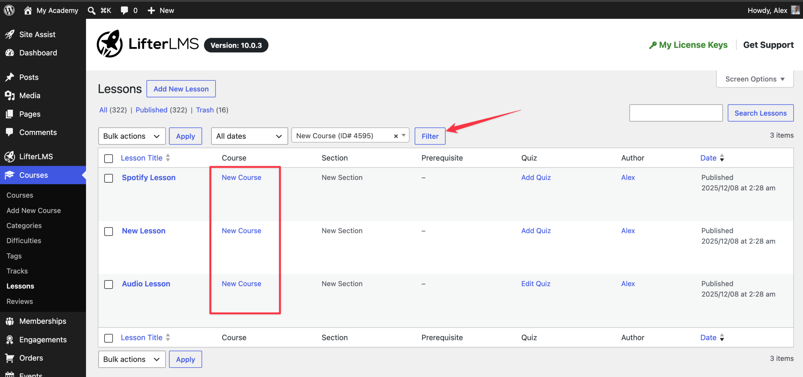 Viewing filtered results in LifterLMS dashboard