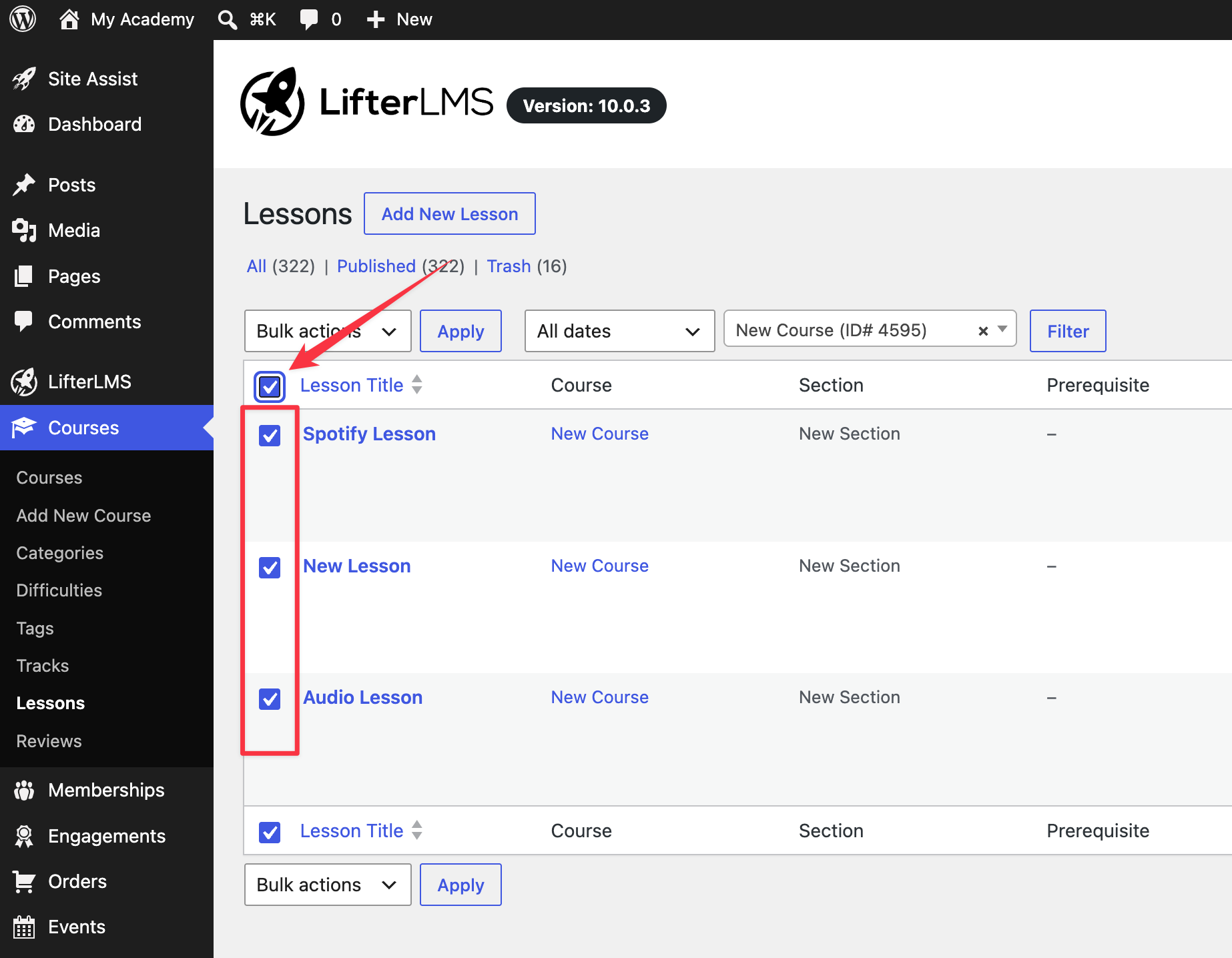 selecting multiple courses in LifterLMS to apply bulk actions