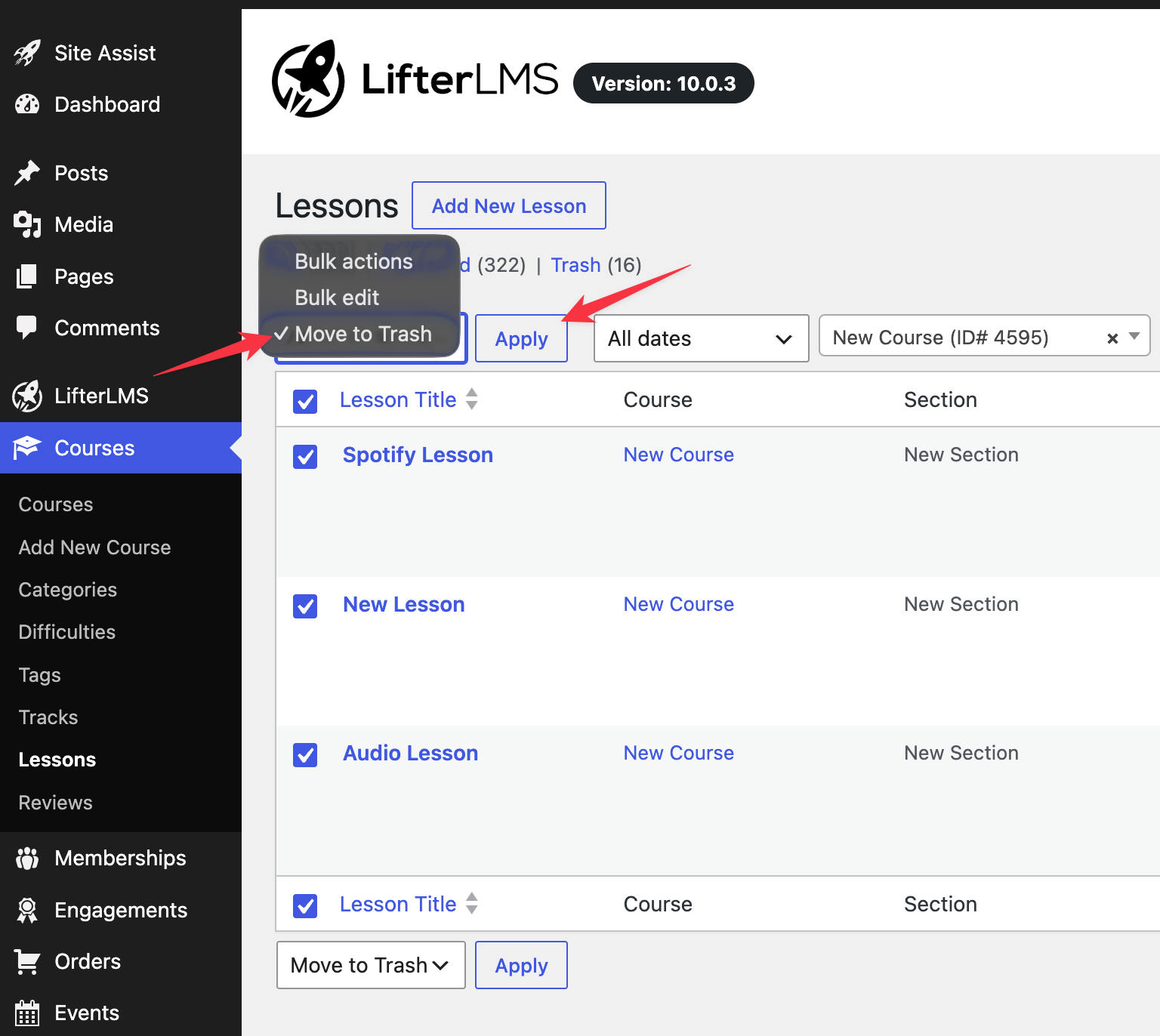 Moving course to trash in LifterLMS