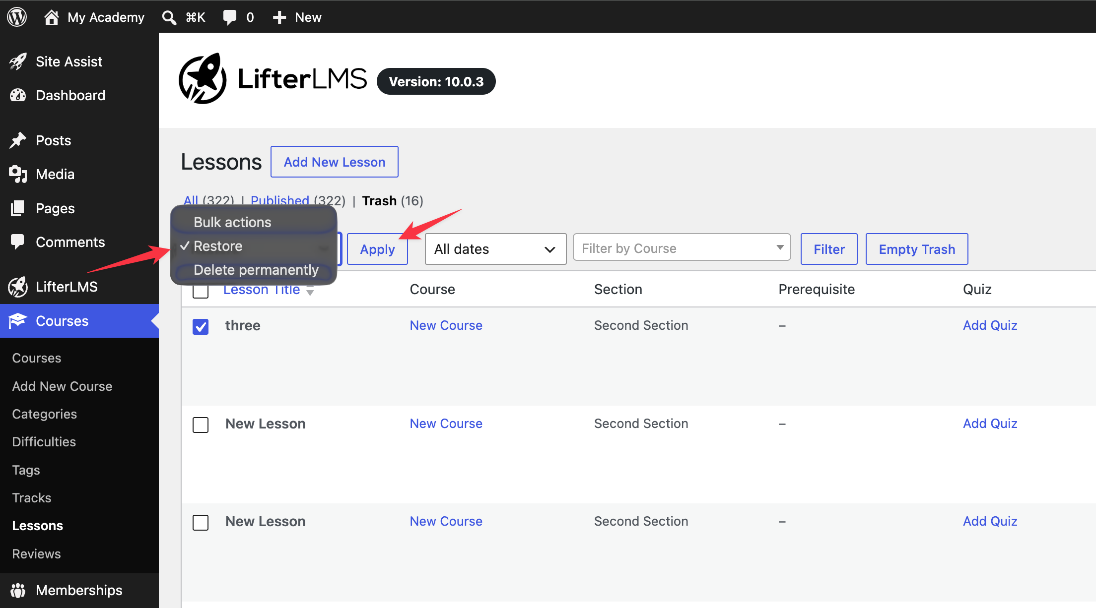 Restore Courses in LifterLMS trash