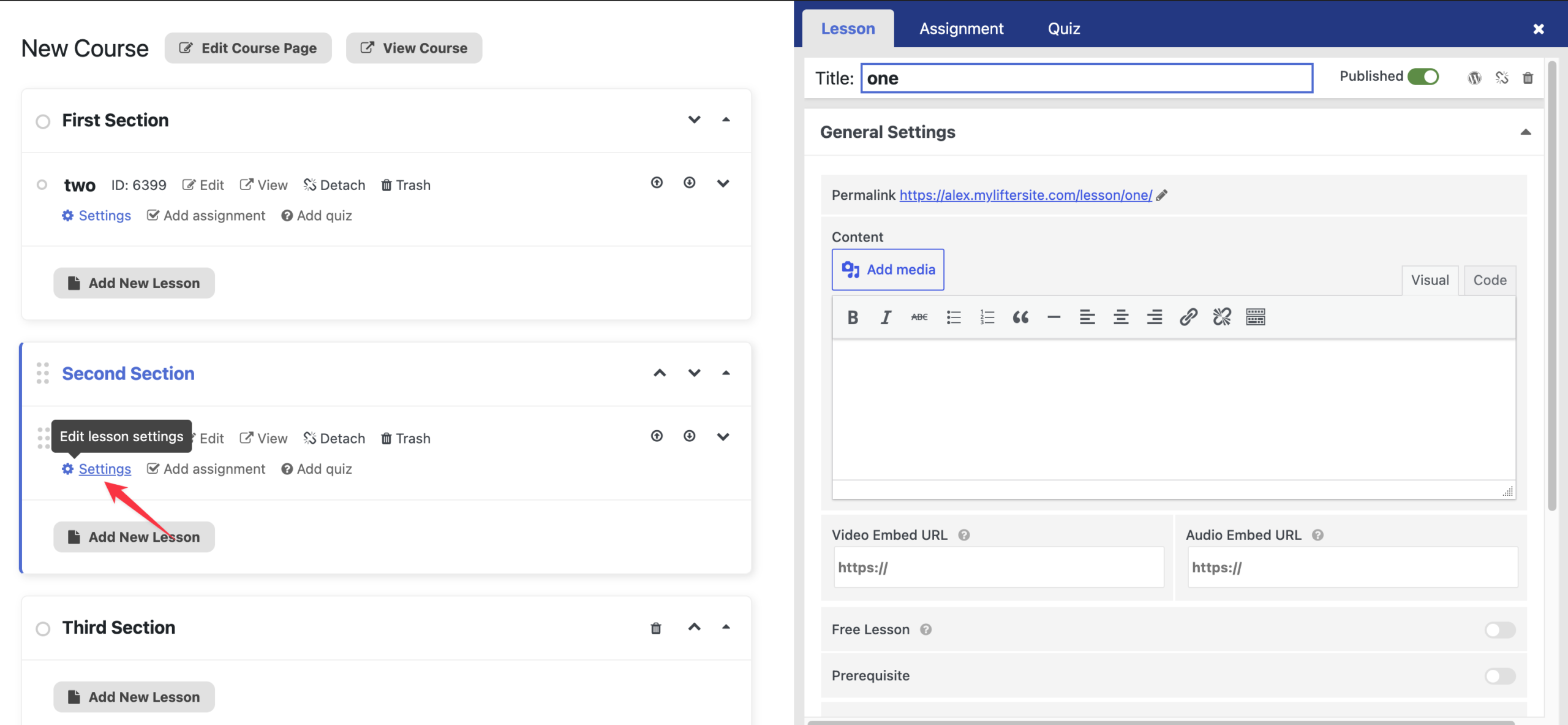 To edit the lesson settings, click on the Settings button of your chosen lesson